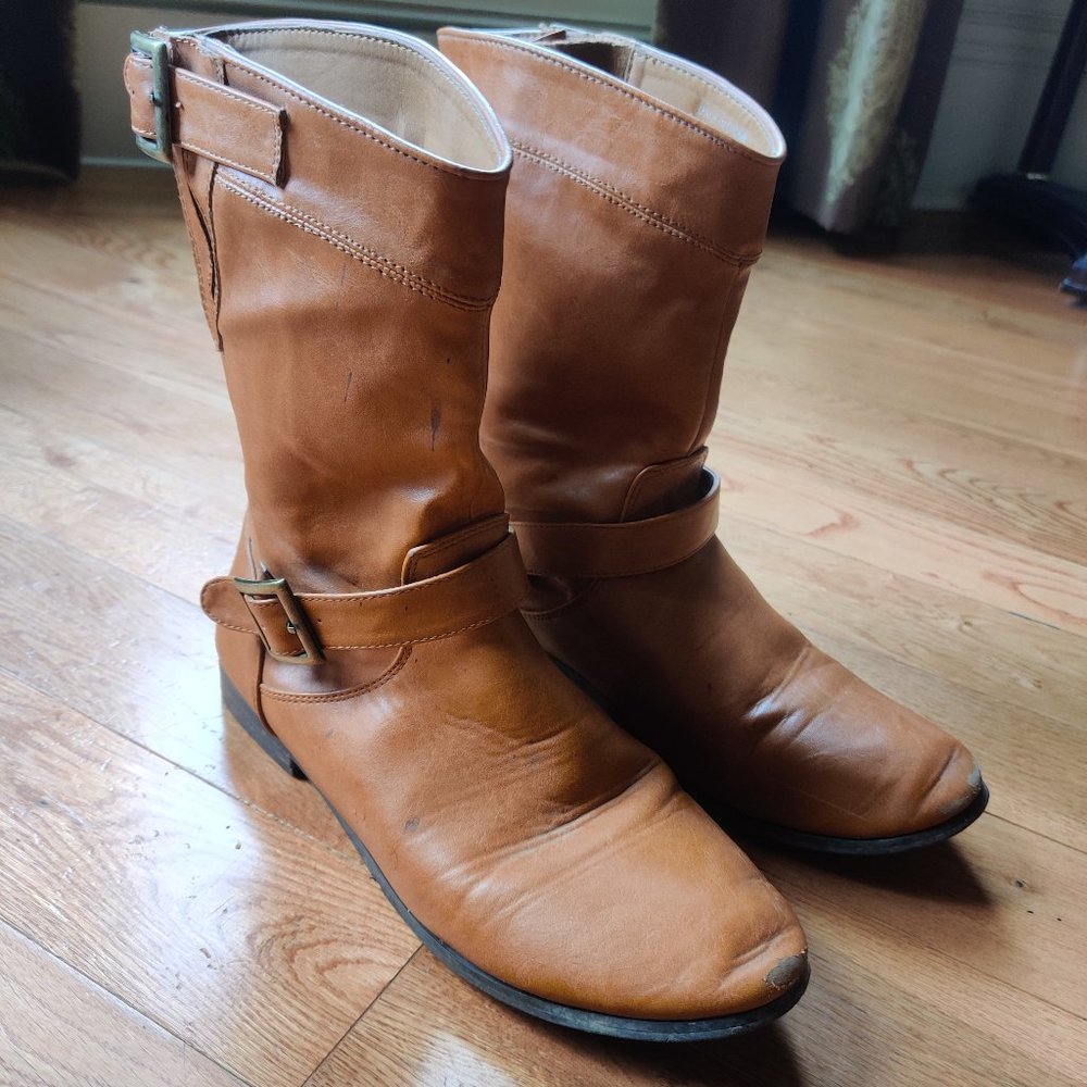 Brown Faux Leather Boots with Strap, size 8 1/2